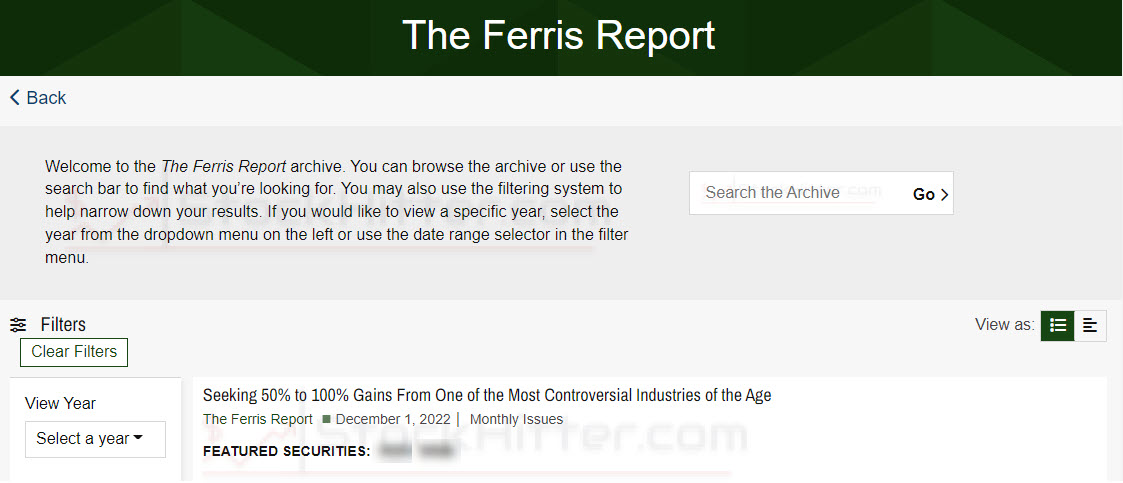 The Ferris Report Monthly Issues
