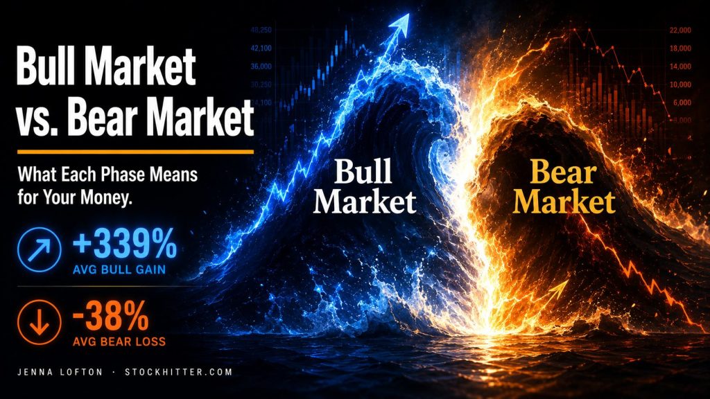 Bull market vs bear market comparison — average gains losses and duration by Jenna Lofton StockHitter