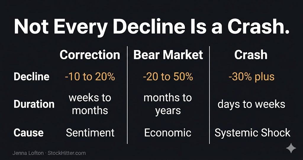 Correction vs bear market vs crash comparison — decline duration and cause differences chart