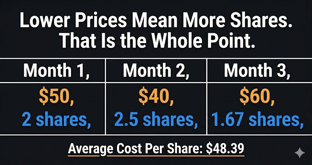 Dollar cost averaging example — same investment buys more shares when prices fall over three months