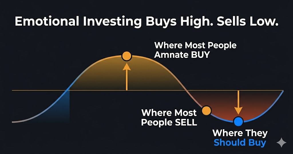 Emotional investing mistakes — buying at market peak and selling at market trough chart
