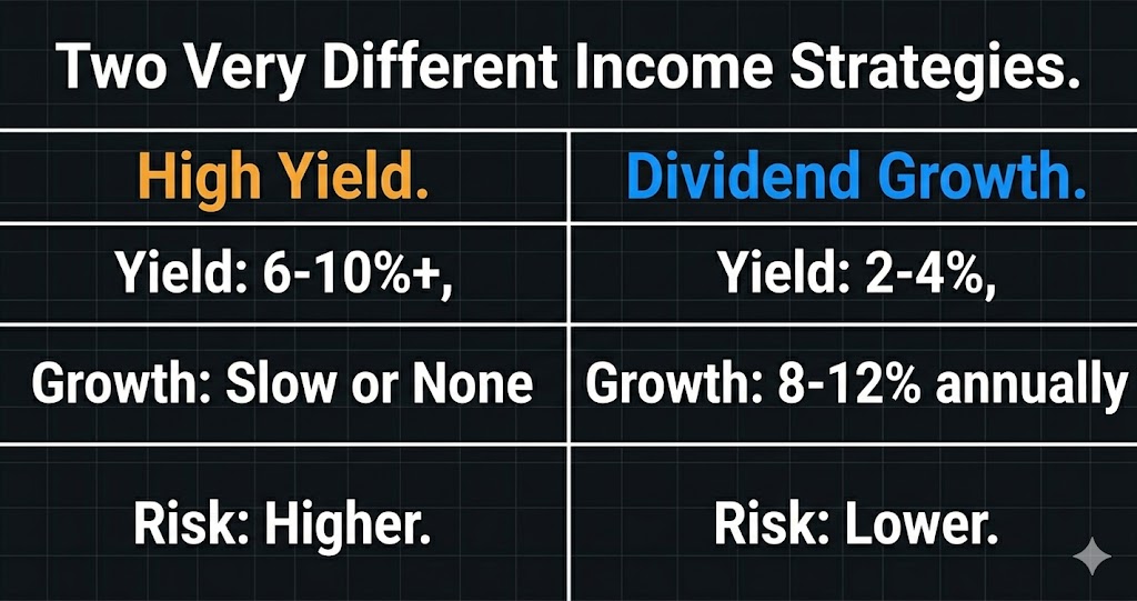 High yield vs dividend growth stocks comparison — yield growth rate and risk profile differences