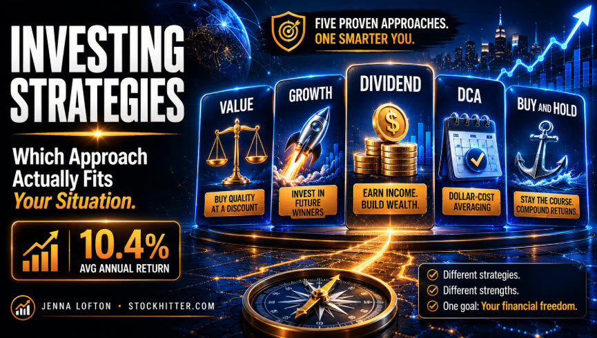 Investing strategies complete guide 2026 — value growth dividend DCA buy and hold by Jenna Lofton StockHitter