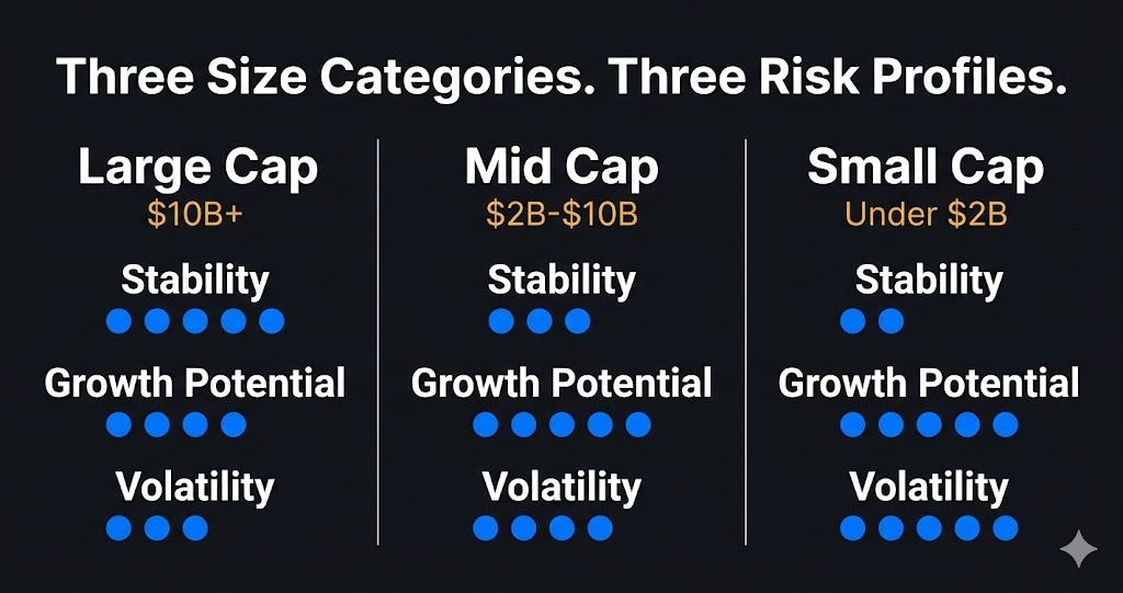 Large cap vs mid cap vs small cap stocks comparison — stability growth and volatility ratings