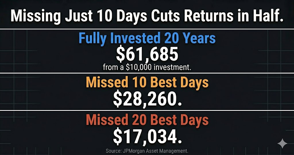 Cost of missing best market days — fully invested vs missing 10 or 20 best days return comparison