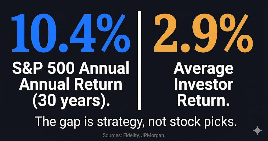 S&P 500 average return vs average investor return — 10.4 percent vs 2.9 percent strategy gap