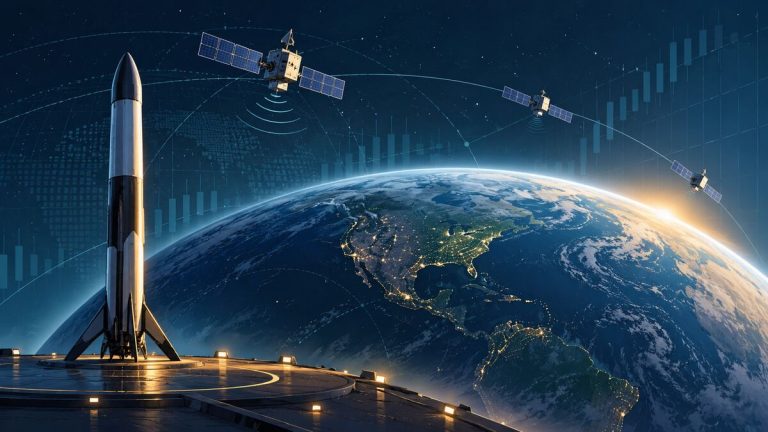 Conceptual illustration of a reusable rocket, communications satellites and Earth for SpaceX stock analysis
