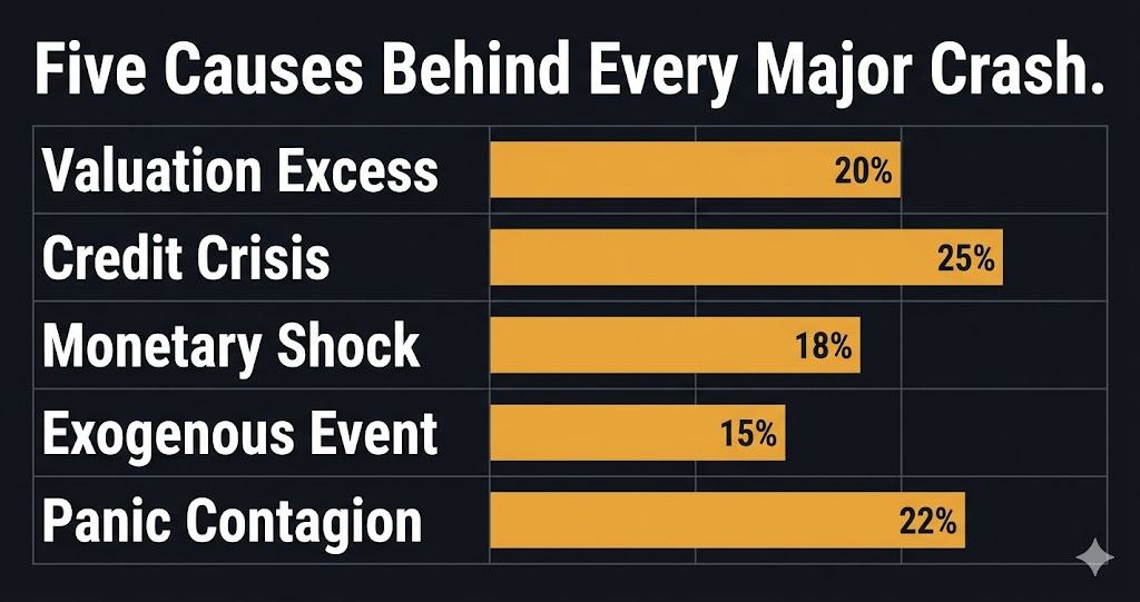 Five main causes of stock market crashes — valuation credit monetary exogenous panic frequency chart