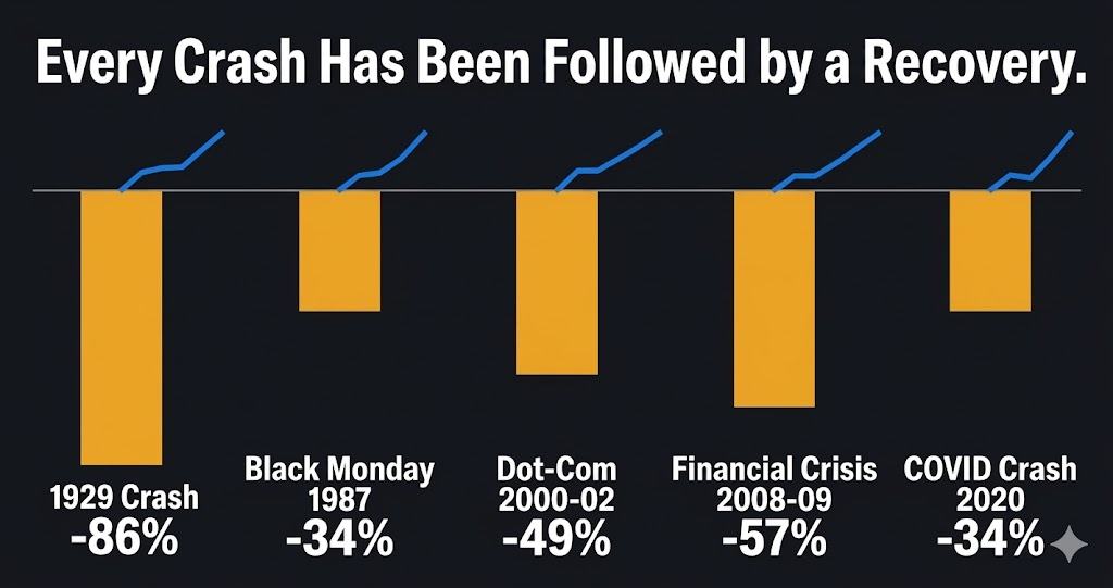 Major stock market crashes historical comparison — S&P 500 peak to trough declines and recovery times