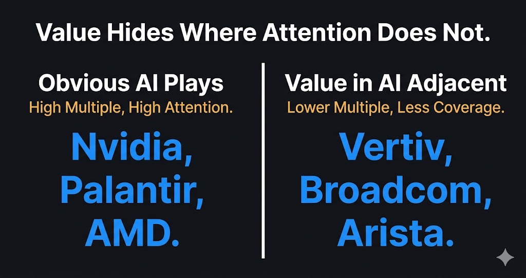 Value investing in AI era — obvious AI plays vs undervalued AI adjacent stocks comparison