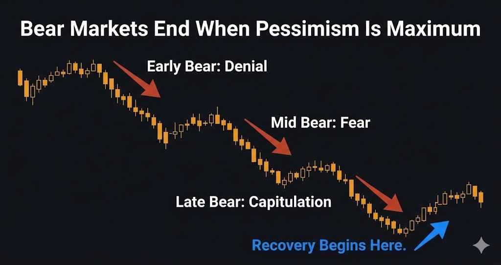Bear market three stages — denial fear capitulation and recovery annotated chart