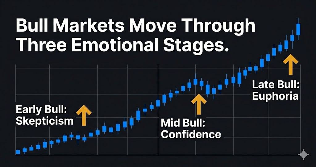 Bull market three stages — skepticism confidence euphoria annotated chart