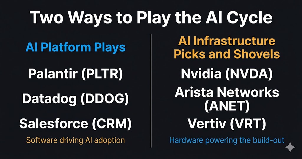 AI stocks two categories — platform plays vs picks and shovels infrastructure comparison