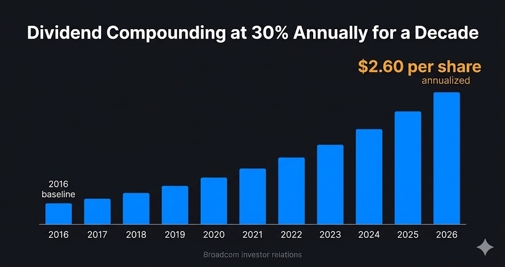 Broadcom dividend growth 2016 to 2026 — 30 percent annualized compounding over ten years chart