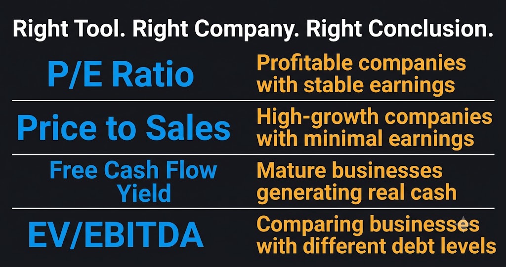 Four stock valuation methods — P/E price to sales free cash flow yield and EV EBITDA use cases