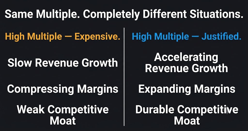 High stock multiple expensive vs justified — revenue growth margins and competitive moat comparison