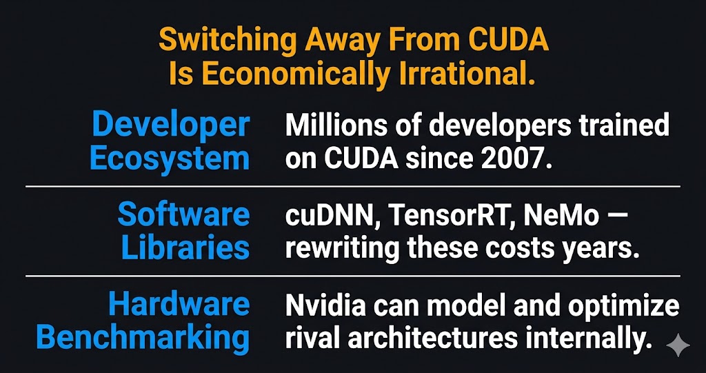 Nvidia CUDA moat explained — developer ecosystem software libraries and benchmarking advantages