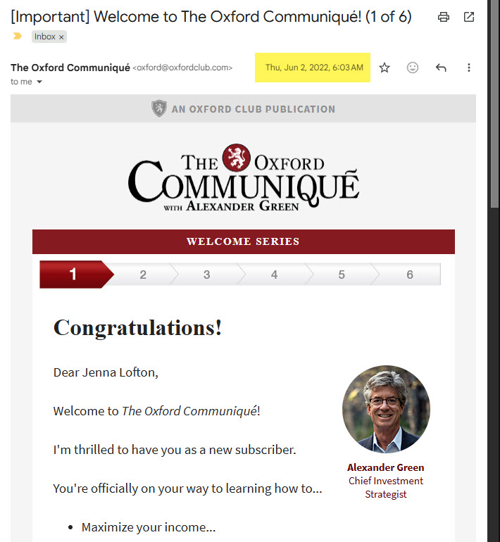 Oxford Communique Welcome Email New Member 2022