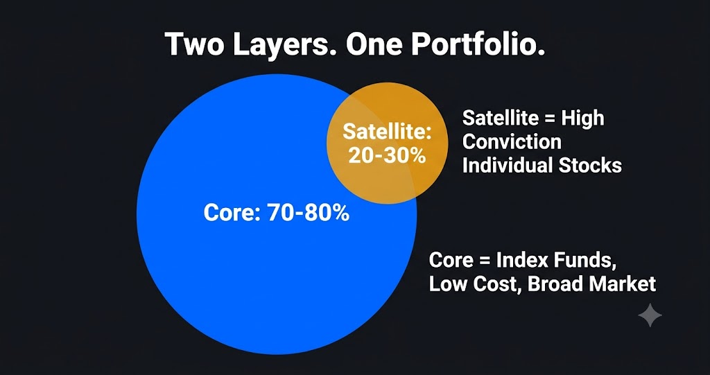Core and satellite portfolio framework — 70 to 80 percent index funds plus 20 to 30 percent individual stocks