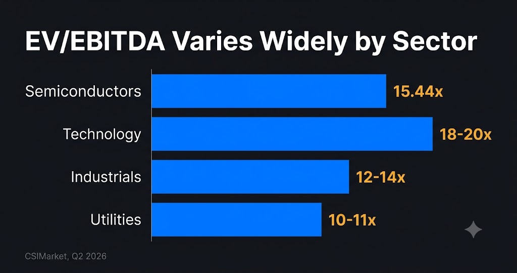 EV EBITDA sector benchmarks 2026 — semiconductors technology industrials utilities comparison