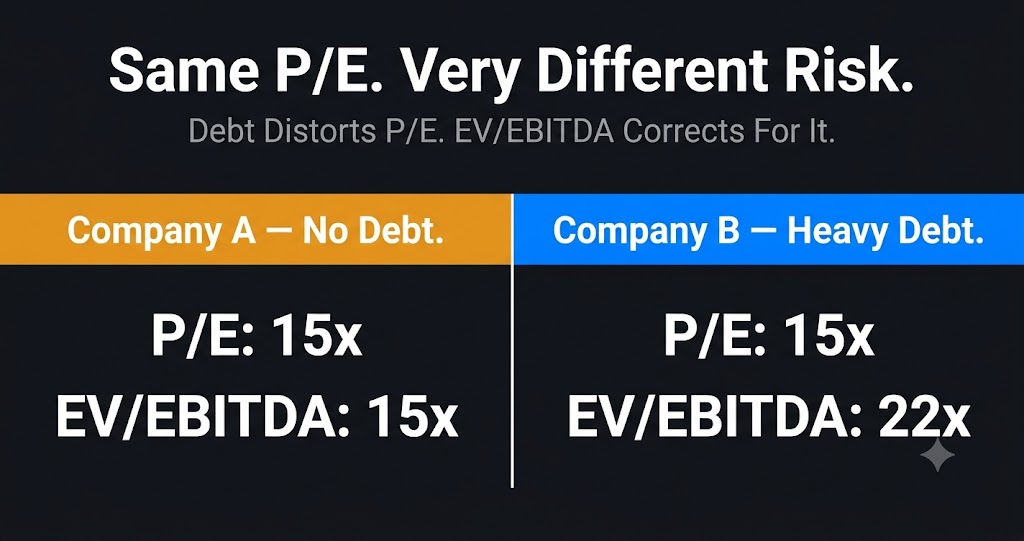 EV EBITDA vs P/E ratio with different debt levels — how debt distorts earnings multiples