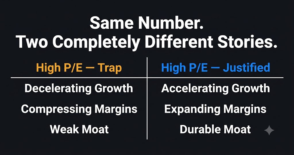 High P/E ratio trap vs justified — growth margins and moat comparison chart
