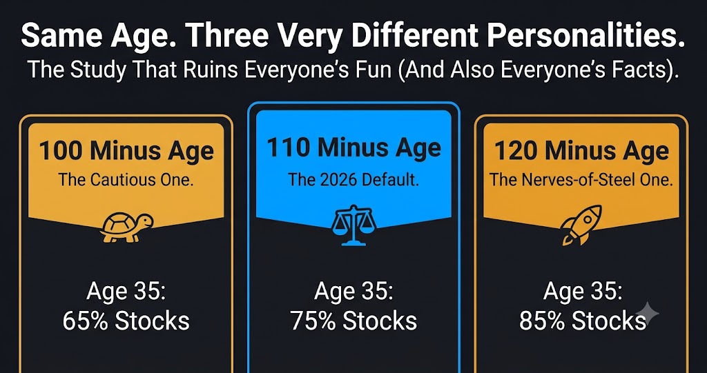 Rule of 110 vs 100 vs 120 asset allocation comparison by age