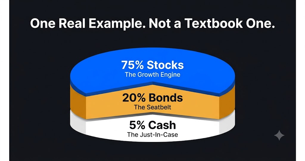 Sample portfolio allocation breakdown 75 percent stocks 20 percent bonds 5 percent cash