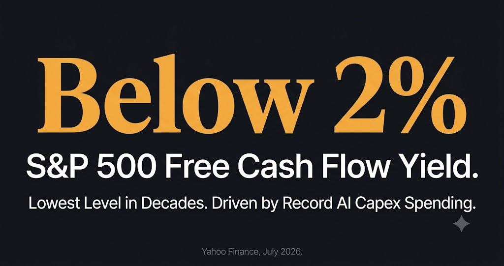 S&P 500 free cash flow yield below 2 percent — lowest level in decades due to AI capex