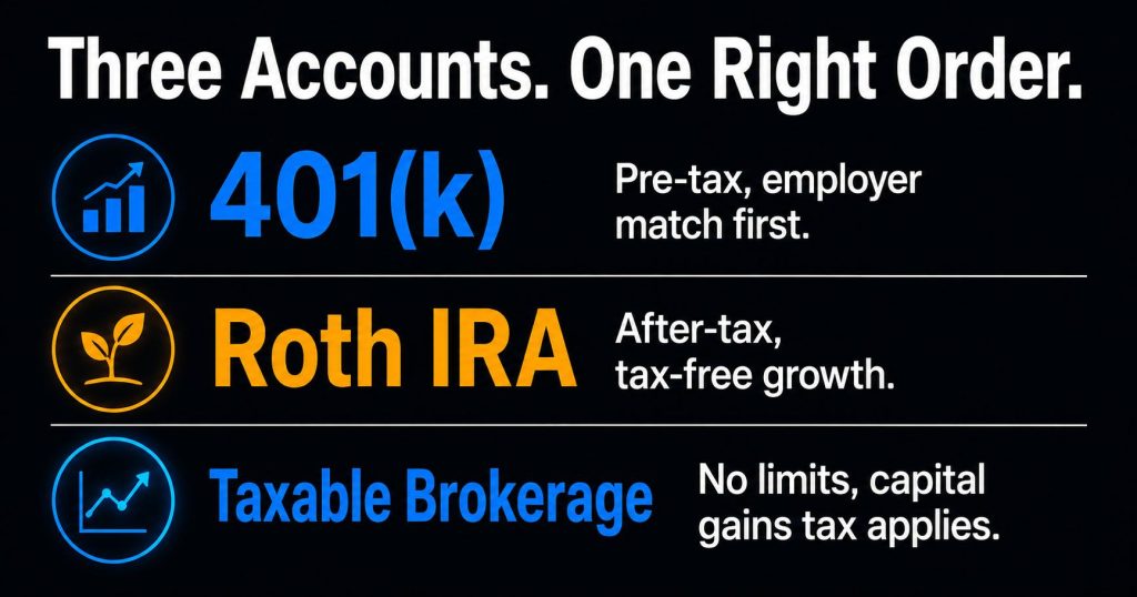 401k Roth IRA and taxable brokerage account order for new investors