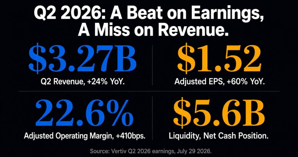 Vertiv Q2 2026 earnings key metrics — revenue EPS operating margin and liquidity results