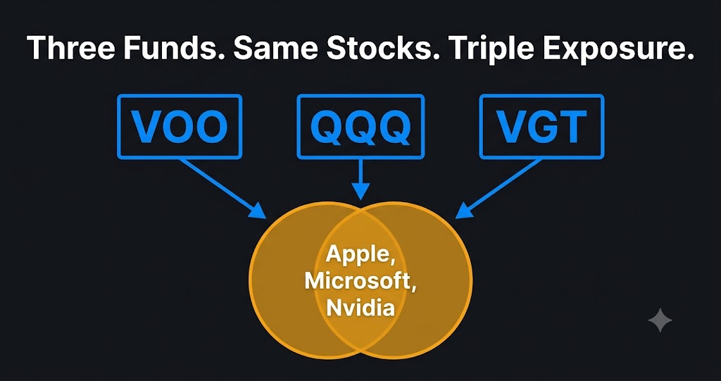 ETF overlap hidden concentration — VOO QQQ VGT all holding the same mega cap stocks