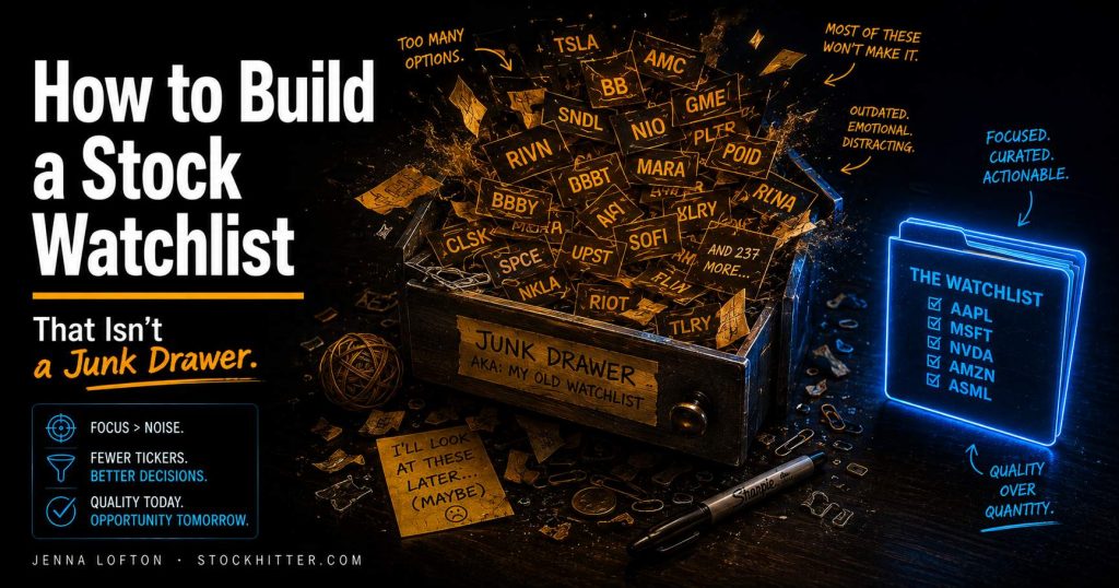 How to build a stock watchlist 2026 — organized system by Jenna Lofton StockHitter