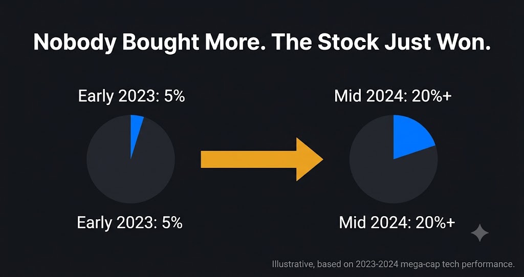 Position sizing drift example — single stock growing from 5 percent to 20 percent through price appreciation