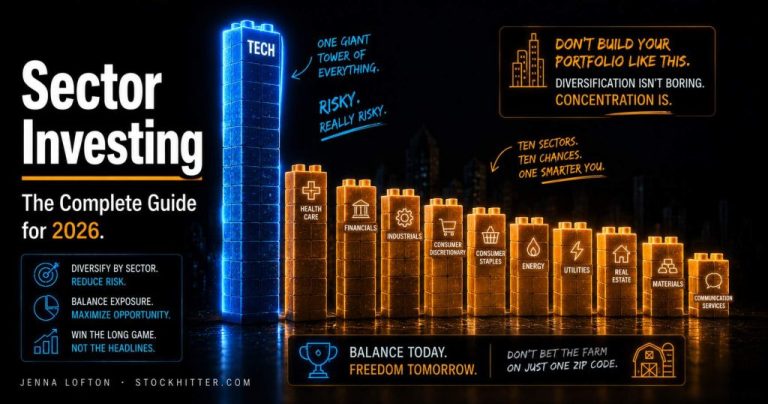 Sector investing illustration showing a large technology tower beside other market sectors