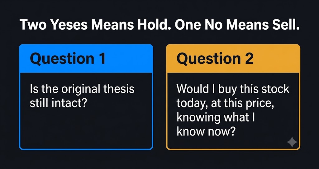 Two questions framework for when to sell a stock — thesis intact and would buy today