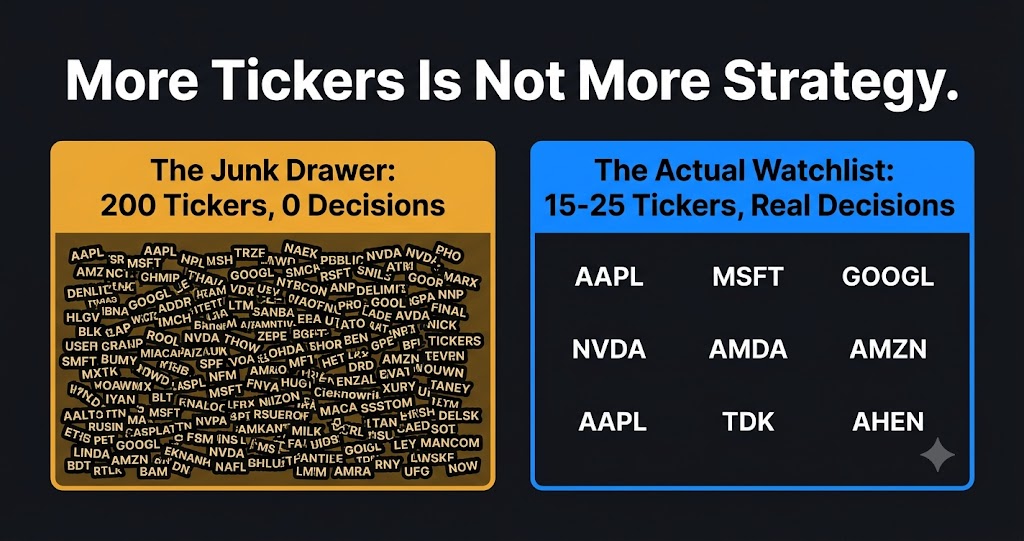Watchlist junk drawer vs real watchlist comparison — 200 tickers versus 15 to 25 curated names