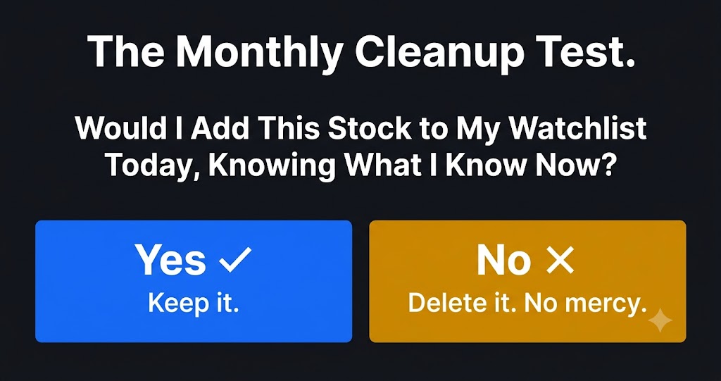 Would I add this stock today test — monthly watchlist cleanup framework