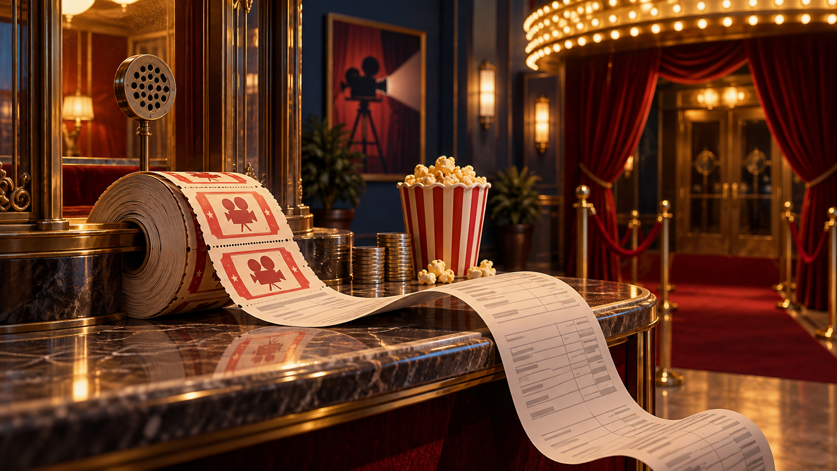 Conceptual illustration of cinema tickets turning into a financial schedule beside popcorn and coins at a theater ticket booth.