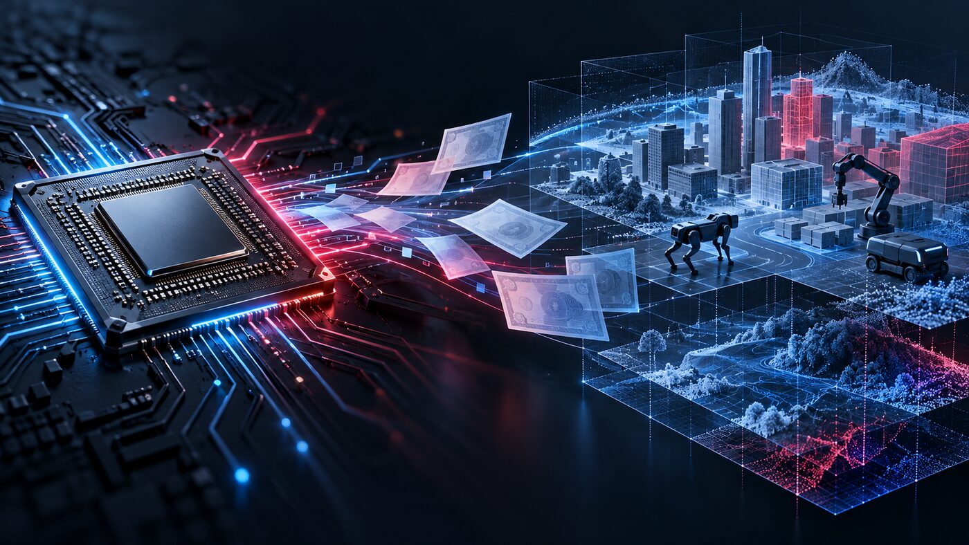 AI illustration of a processor, share certificates and a simulated three-dimensional city