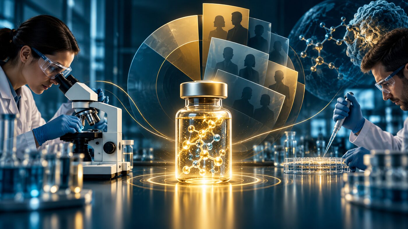 AI illustration of laboratory researchers, a medicine vial and abstract ownership shares