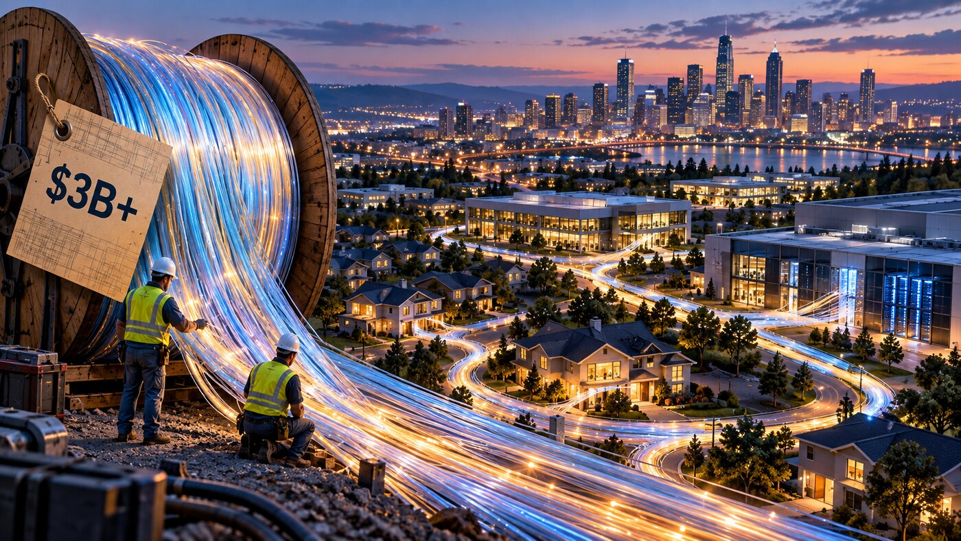 AI illustration of fiber-optic cable running from a $3 billion supply spool into homes and data centers