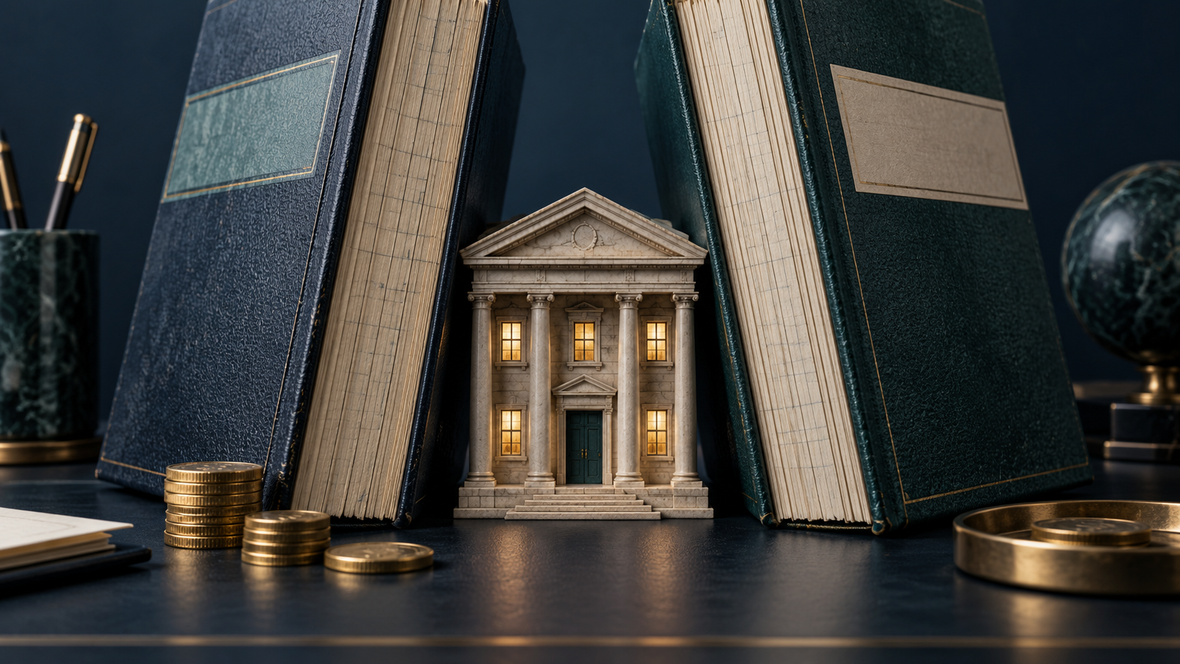 Conceptual editorial illustration of a miniature bank between two oversized accounting ledgers, with coins in the foreground.