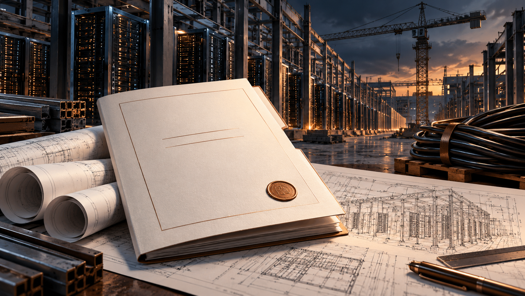 AI illustration of a contract folder and construction plans beside server racks.