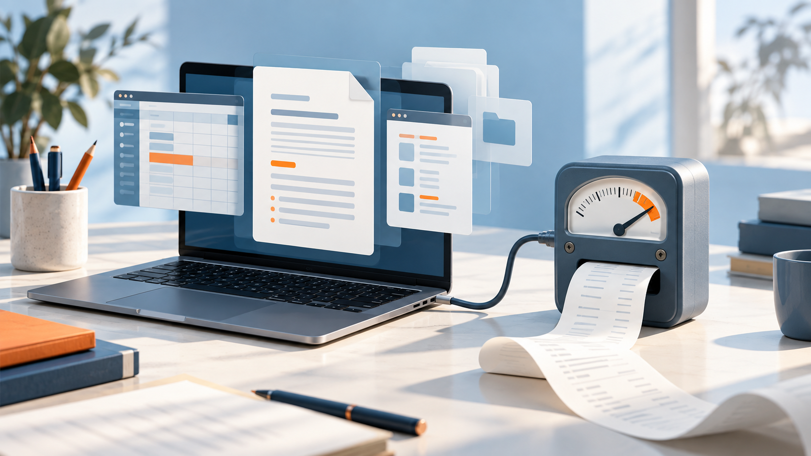 AI illustration of office documents above a laptop connected to a usage meter.