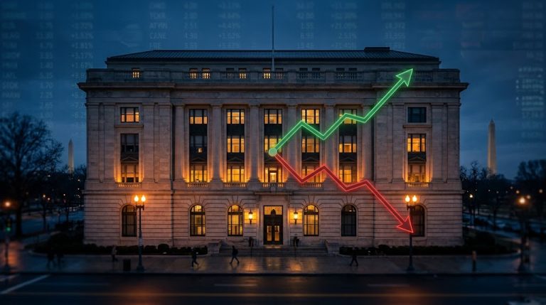 Federal Reserve building with diverging stock trend lines representing today's mixed market reaction