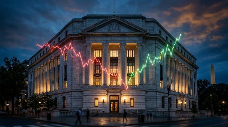 Federal Reserve building with stock market trend line overlay