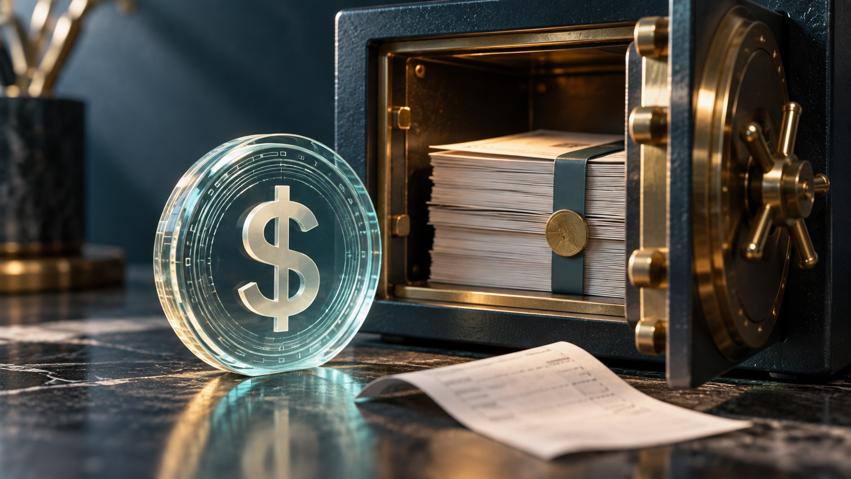 Illustrated dollar token in front of an open vault holding reserve documents.