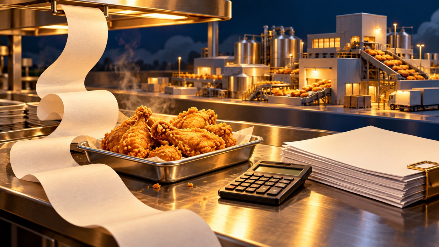 AI illustration of a chicken tray, long receipt and calculator beside a conceptual food-processing plant