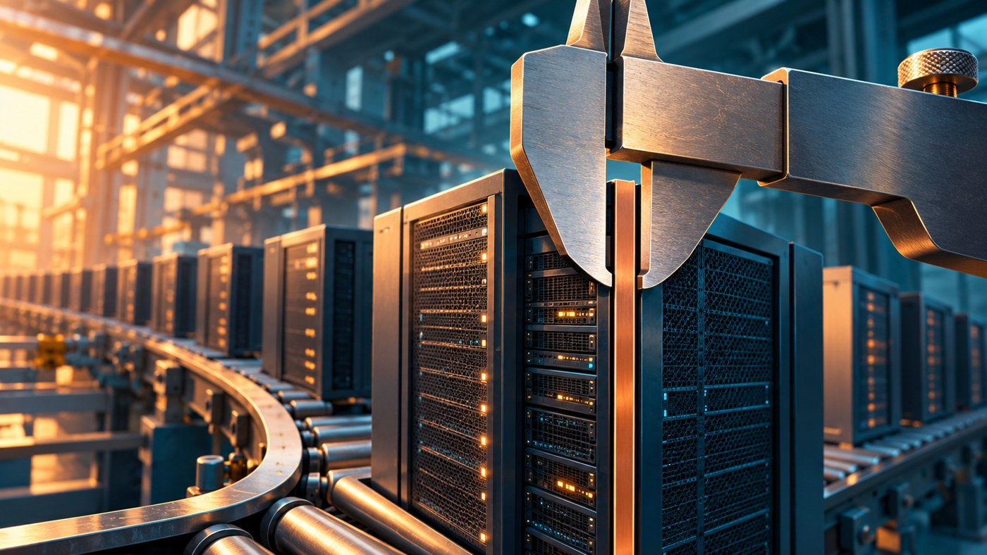 AI illustration of an oversized caliper measuring a thin copper edge on server equipment